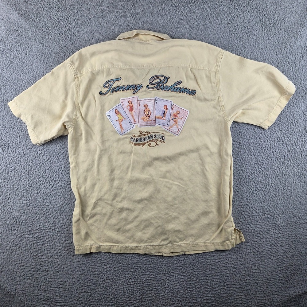 Tommy Bahama Caribbean Stud Camp Shirt Mens L Yellow Loop Collar Cards Silk